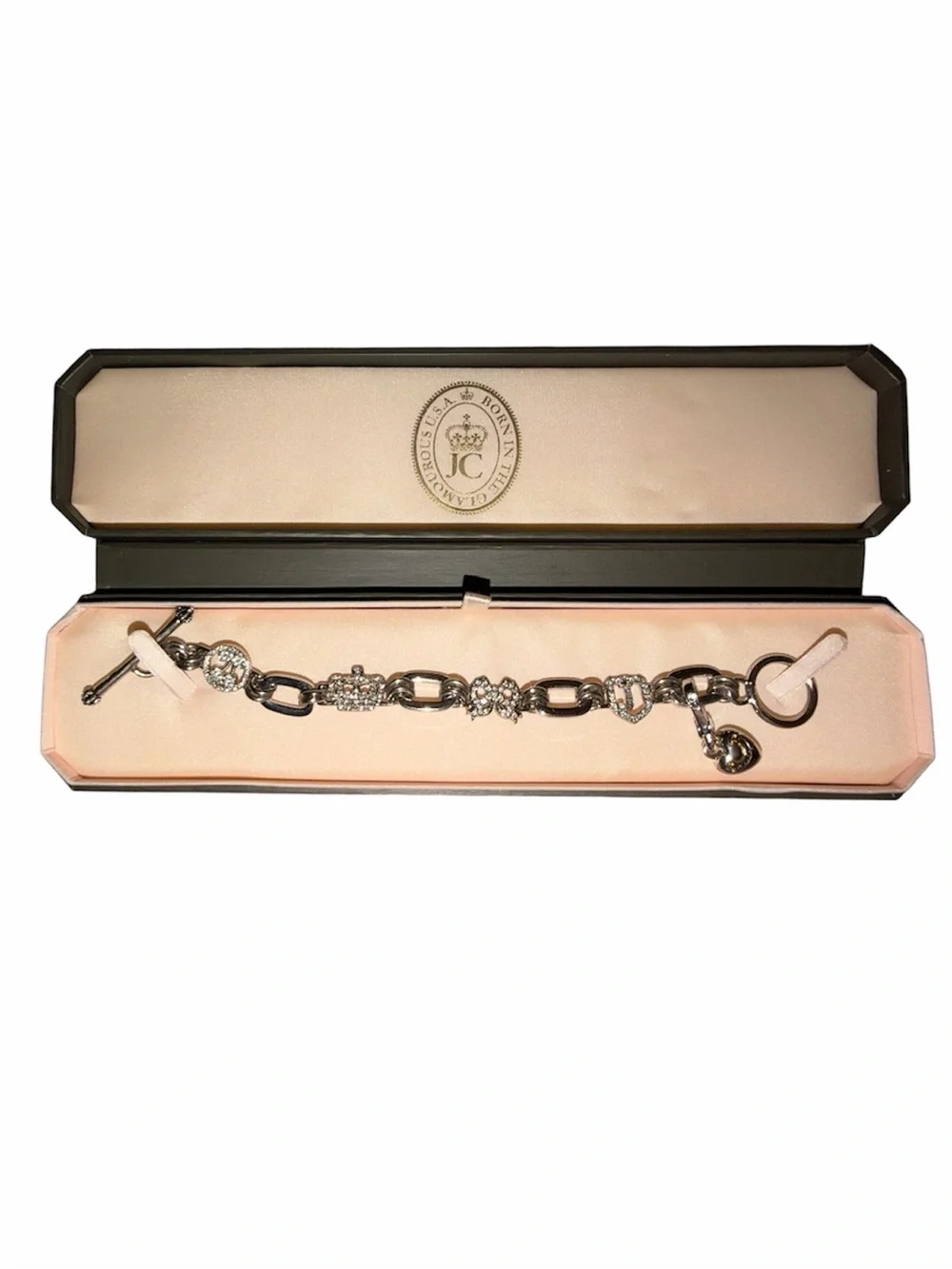 Vintage Juicy Couture Silver Crystal Charm Bracelet with Heart and Logo Charm